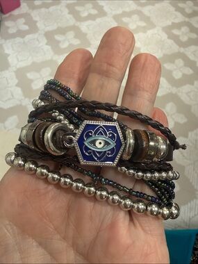 Blue Evil Eye Multistrand Leather Wrap Bracelet set brand new